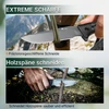 Scharfes Outdoor-Messer schneidet Seil und Holzspäne in der Natur