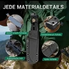 Outdoor-Messer mit Kydex-Scheide, ergonomischem Griff und Glasbrecher am Rucksack befestigt.