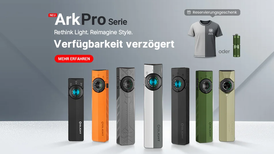 Neue Olight Arkfeld Pro Taschenlampen in verschiedenen Farben, inklusive Reservierungsgeschenk.