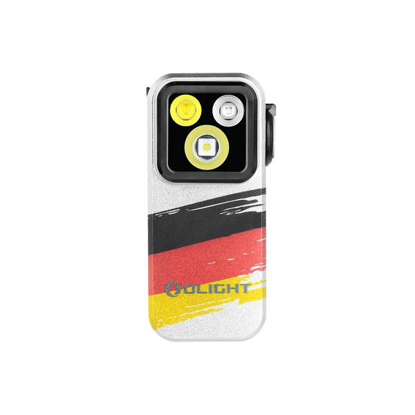 Olight Oclip Pro, weiß mit Deutschlandflagge, Vorderansicht, multifunktionale Arbeitsleuchte mit starker Beleuchtung für den universellen Einsatz