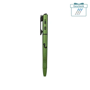 Grüner Olight Open 3 Stift mit LED-Licht und Taschenclip für den Alltag, inklusive Ersatzminen als Geschenk.