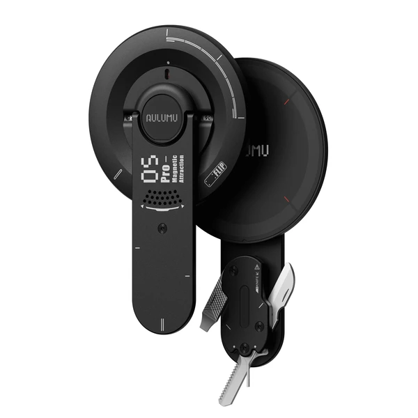 Aulumu M05 Pro magnetische Handyhalterung und klappbares Multitool in Schwarz vor weißem Hintergrund