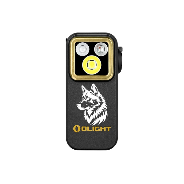 Schwarze Olight Oclip Pro S Clip-Taschenlampe mit Wolfs-Gravur und goldener Lünette in der Frontansicht für Outdoor-Einsätze