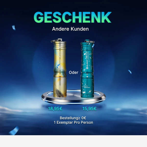 Zwei Olight i3E EOS Taschenlampen als Geschenk auf blauem Hintergrund