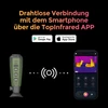 Kabellose Verbindung mit dem Smartphone über die TopInfrared App. Download bei Google Play oder im App Store.