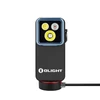 Schwarze Olight Taschenlampe mit drei LEDs und magnetischem Ladekabel auf weißem Hintergrund
