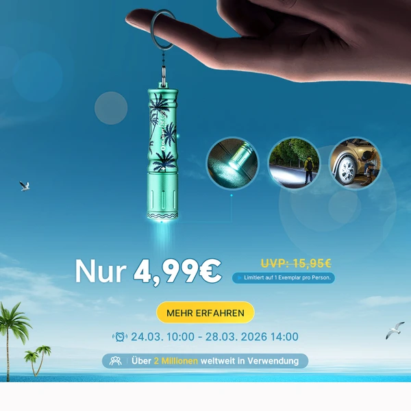 Olight I3E EOS Keychain Taschenlampe in Türkis mit Palmenmuster, vielseitig für den Alltag.