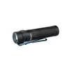 Schwarze Olight Warrior 3S Taschenlampe in Seitenansicht mit blauem Clip und geriffeltem Griff für Outdoor-Einsätze