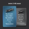 Vergleich: imini 2 (50 Lumen, 60 Min, wiederaufladbar) vs. imini (10 Lumen, 30 Min, nicht aufladbar)