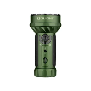 Grüne Olight Marauder Mini LED Taschenlampe mit Drehschalter und Ladestandsanzeige vor weißem Hintergrund
