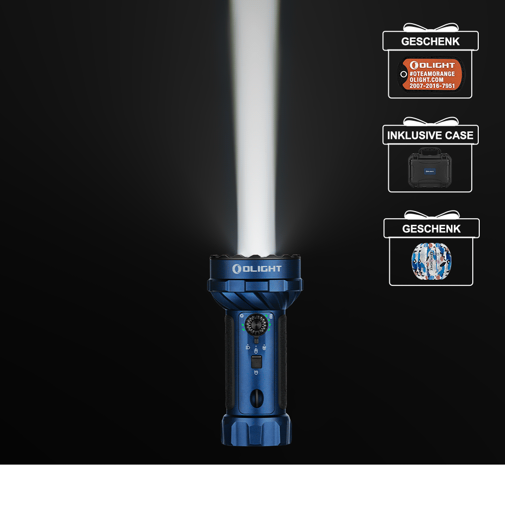 Olight Marauder Mini 2 blaue Taschenlampe mit heller Lichtstrahlung für taktische Anwendungen.