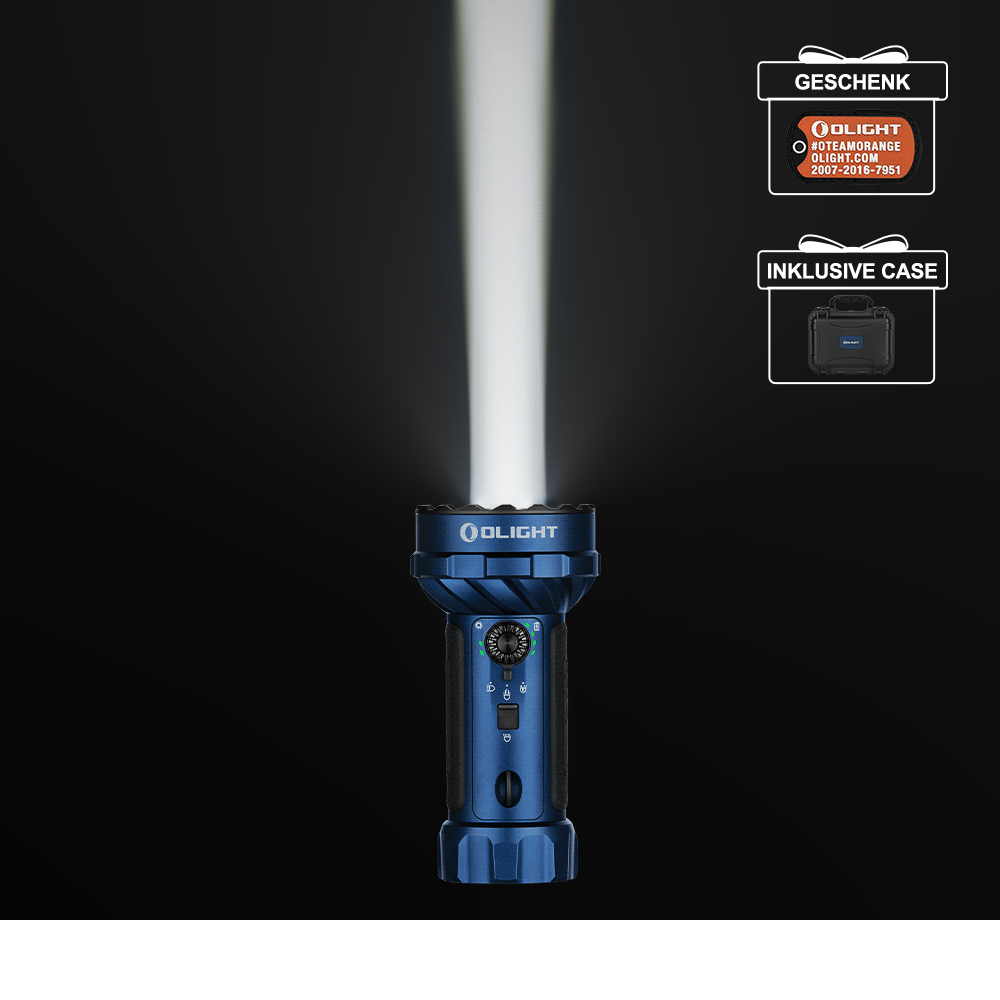Olight blaue Marauder Mini 2 Taschenlampe, beleuchtet mit hellem Lichtstrahl, ideal für Outdoor und Notfälle.