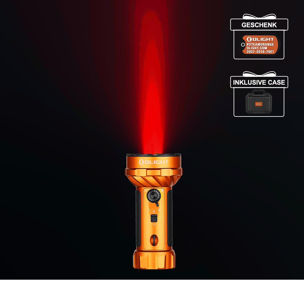 Olight Marauder Mini 2 orangefarbene Taschenlampe mit leuchtendem rotem Strahl für den Außenbereich und Notfälle