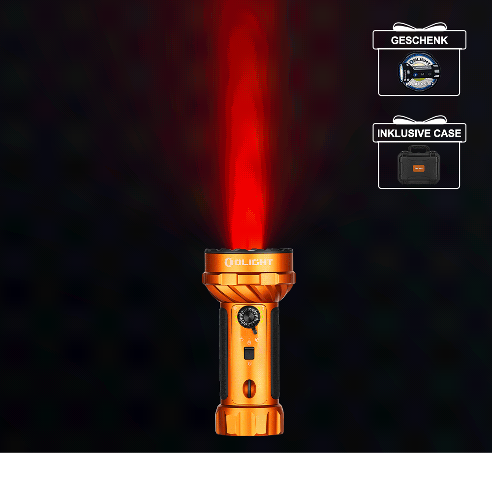 Olight Orange Marauder Mini 2 Taschenlampe, Vorderansicht mit rotem Strahl für Such- und Rettungseinsätze.
