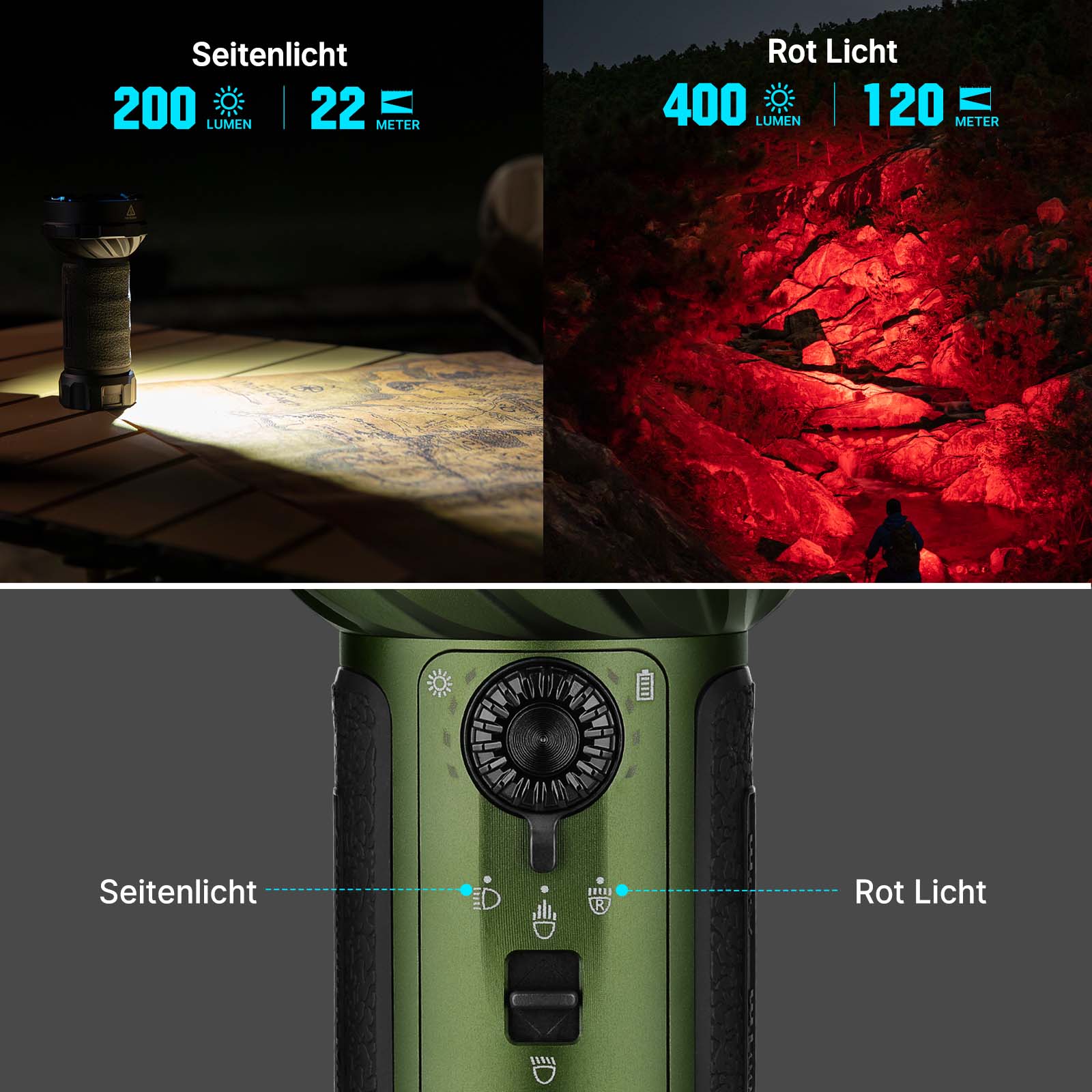 Marauder Mini 2 in Milit&auml;rgr&uuml;n mit Seitenlicht und Rotlicht im Outdoor-Einsatz
