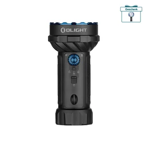 Olight schwarze Marauder Mini 2 Taschenlampe Vorderansicht mit blauem Drehschalter für Outdoor-Abenteuer und Suche