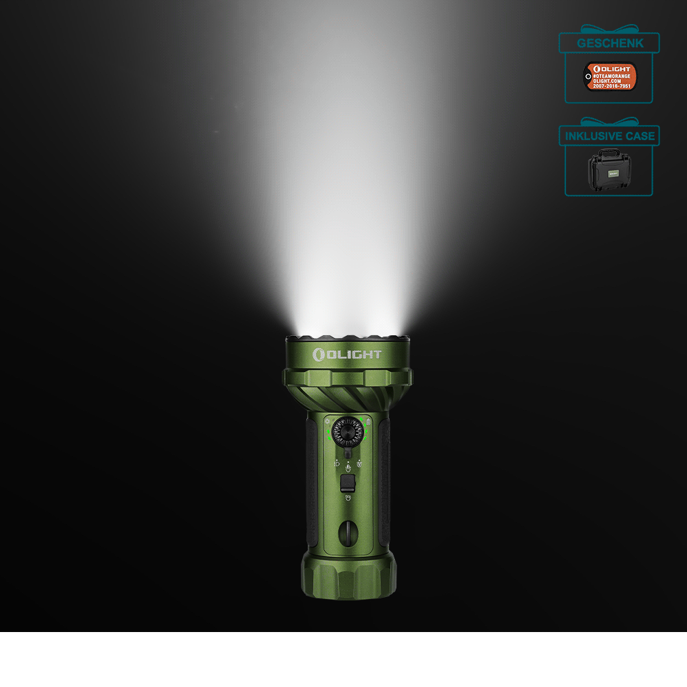 Grüne Olight Marauder Mini Taschenlampe mit hellem Lichtkegel und Koffer für Outdoor-Einsätze bei Nacht