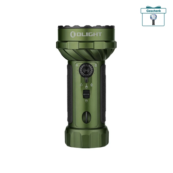 Grüne Olight Marauder Mini 2 Taschenlampe Vorderansicht mit Drehschalter für Outdoor-Abenteuer und Camping-Einsätze