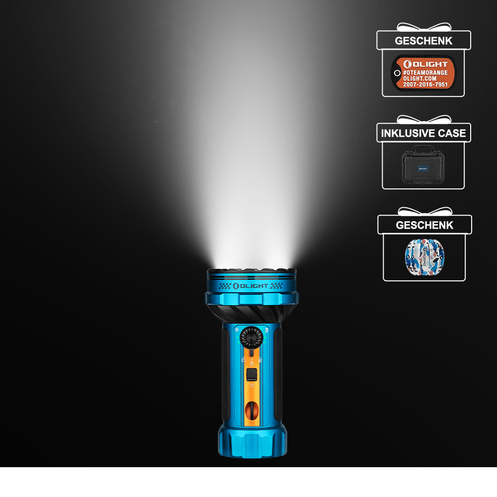 Olight Marauder Mini 2 blaue und orange Taschenlampe mit heller Leuchtfunktion für den Außenbereich.