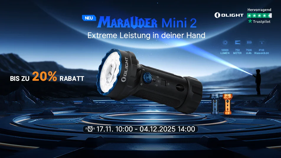 Olight Marauder Mini 2 Taschenlampe: extreme Leistung, bis zu 20% Rabatt. Trustpilot hervorragend. 10000 Lumen, IPX8.