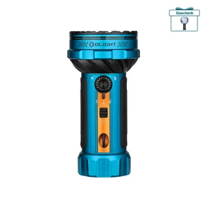 Blaue Olight Marauder Mini 2 Taschenlampe in Vorderansicht mit Drehschalter für Outdoor-Abenteuer und Suchaktionen