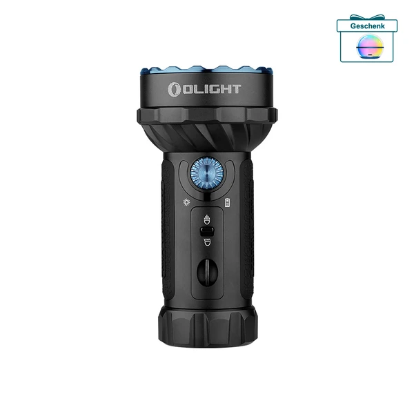 Olight Marauder Mini leistungsstarke LED Taschenlampe in Schwarz mit blauem Drehschalter und Geschenk-Symbol oben rechts