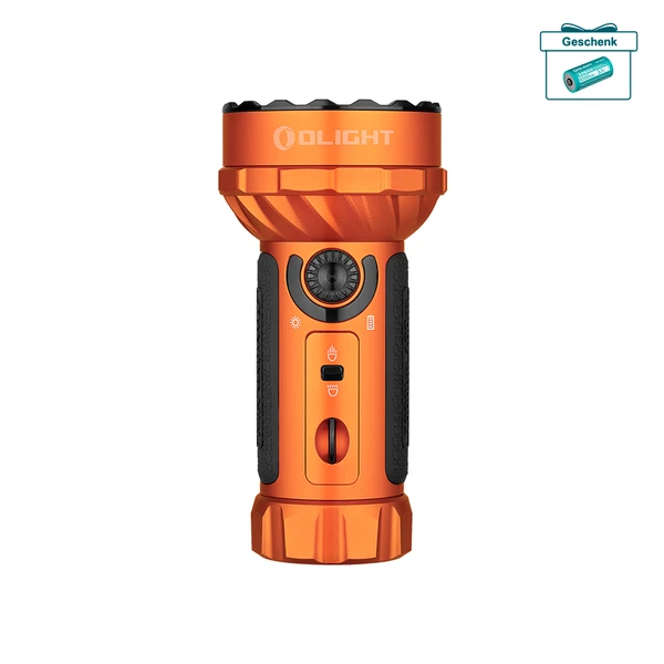 Olight orange LED Taschenlampe mit Akku Geschenk-Aktion auf weißem Hintergrund