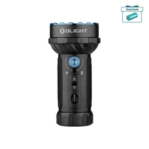Schwarze Olight Marauder Mini LED Taschenlampe mit blauem Drehschalter auf weißem Hintergrund