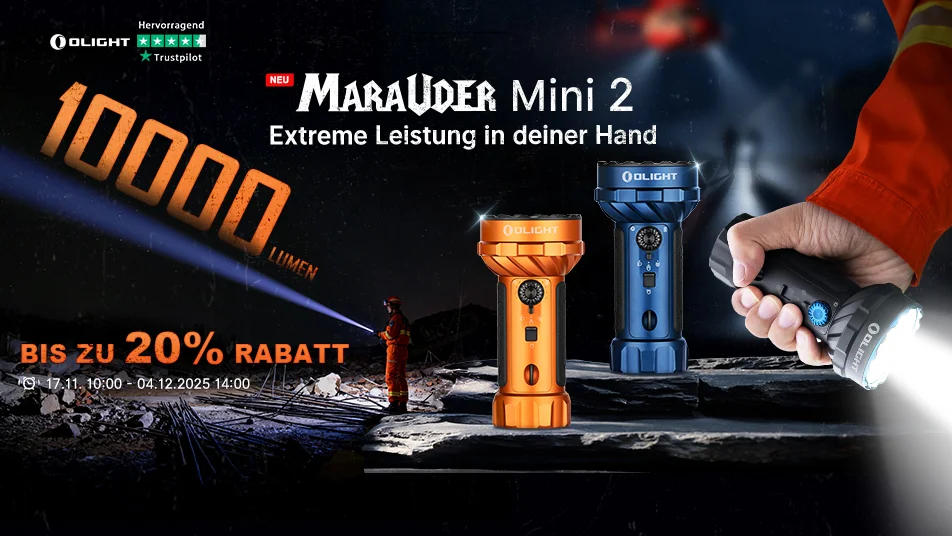 Olight Marauder Mini 2 Taschenlampe mit 10000 Lumen, extremer Leistung und bis zu 20% Rabatt.