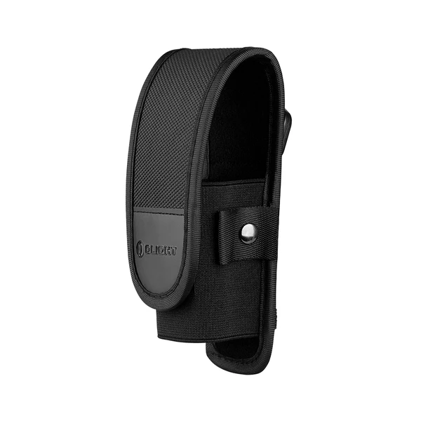 Schwarzes Olight Taschenlampenholster aus Nylon mit Druckknopf.
