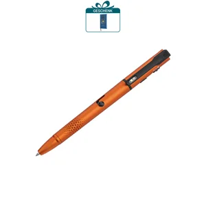 Olight Open 3 orangefarbener Kugelschreiber mit Texturgriff, Taschenclip und rotem/grünem Laserpointer für Büro und Präsentationen.