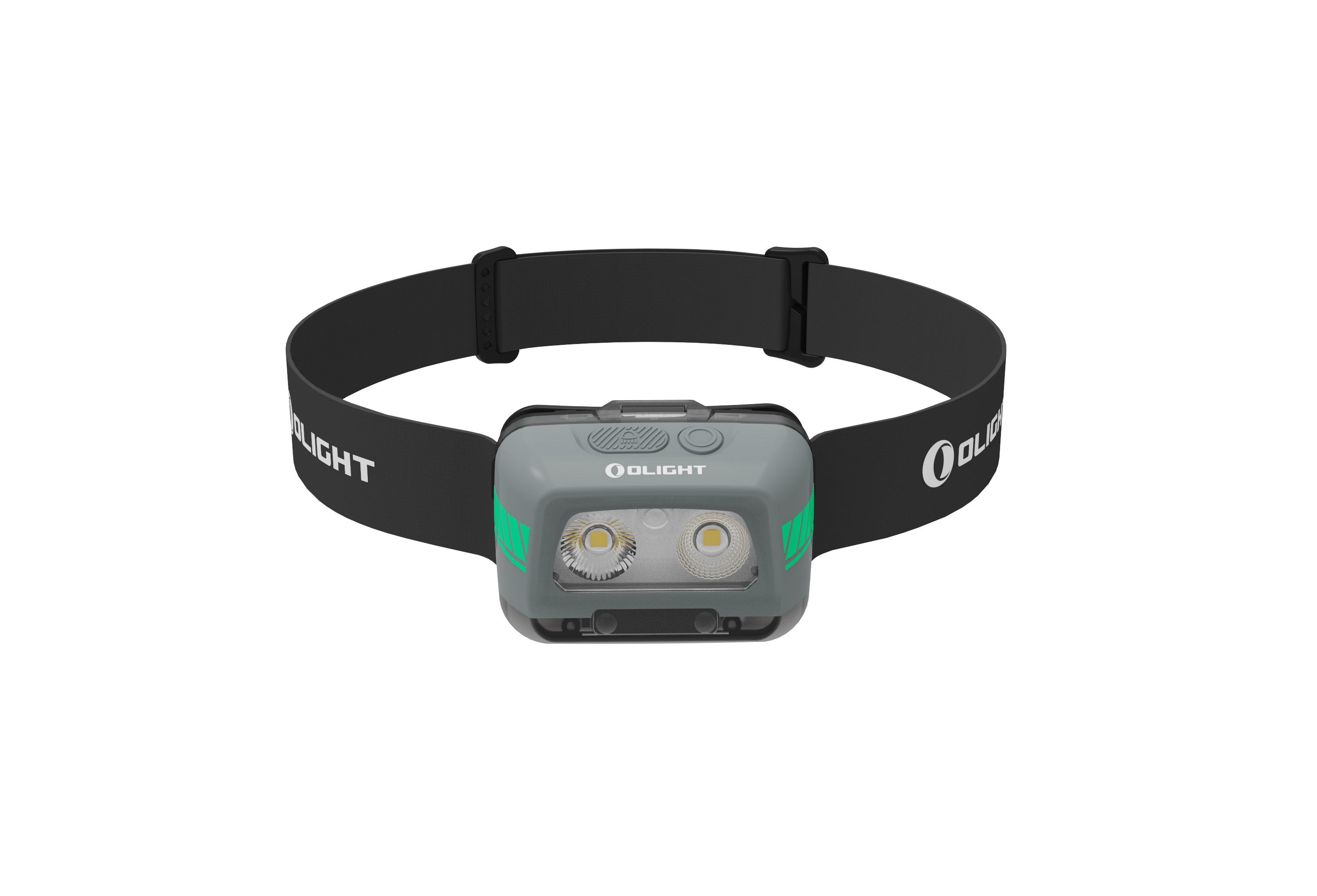 Olight graue Easy Wave LED-Stirnlampe mit grünen Akzenten und schwarzem Band für freihändige Outdoor-Beleuchtung.