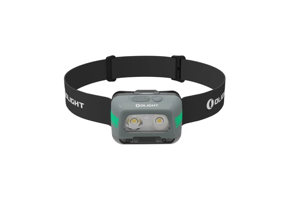 Olight graue Easy Wave LED-Stirnlampe mit grünen Akzenten und schwarzem Band für freihändige Outdoor-Beleuchtung.