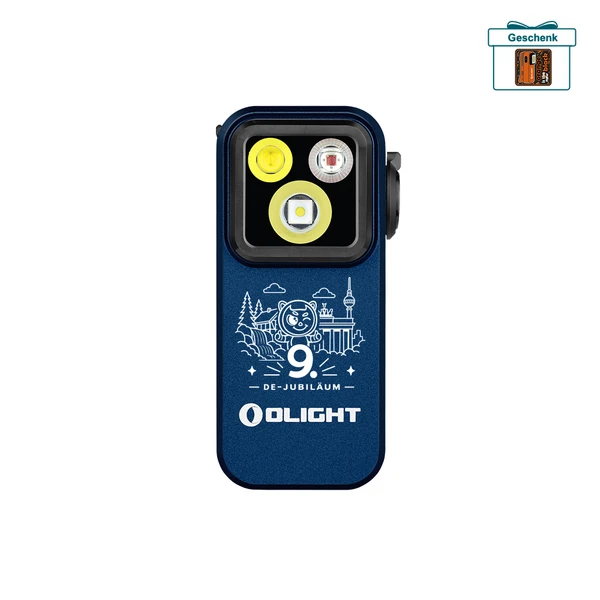 Olight blaue Oclip Pro Clip-Taschenlampe in Frontansicht mit Jubiläumsgravur für Camping und Alltag
