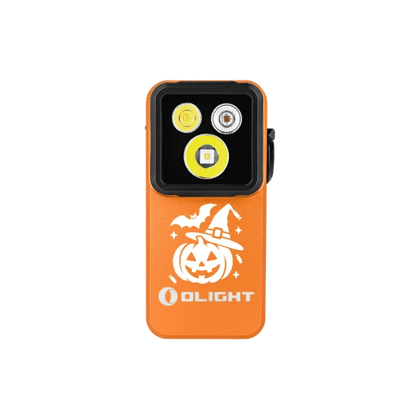 Olight orange Taschenlampe in Halloween Edition mit Kürbis und Fledermaus Motiv auf schwarzem Hintergrund