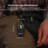Schwarze Olight Oclip 2 Ultra Clip-Lampe im Taschenformat mit Maßen am Gürtel befestigt für Outdoor und Alltagspflege