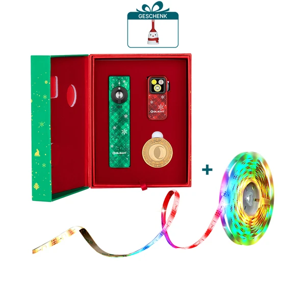 Olight Weihnachtsgeschenkbox mit grüner Taschenlampe, rotem Schlüsselanhänger und goldener Medaille, plus LED-Streifen.
