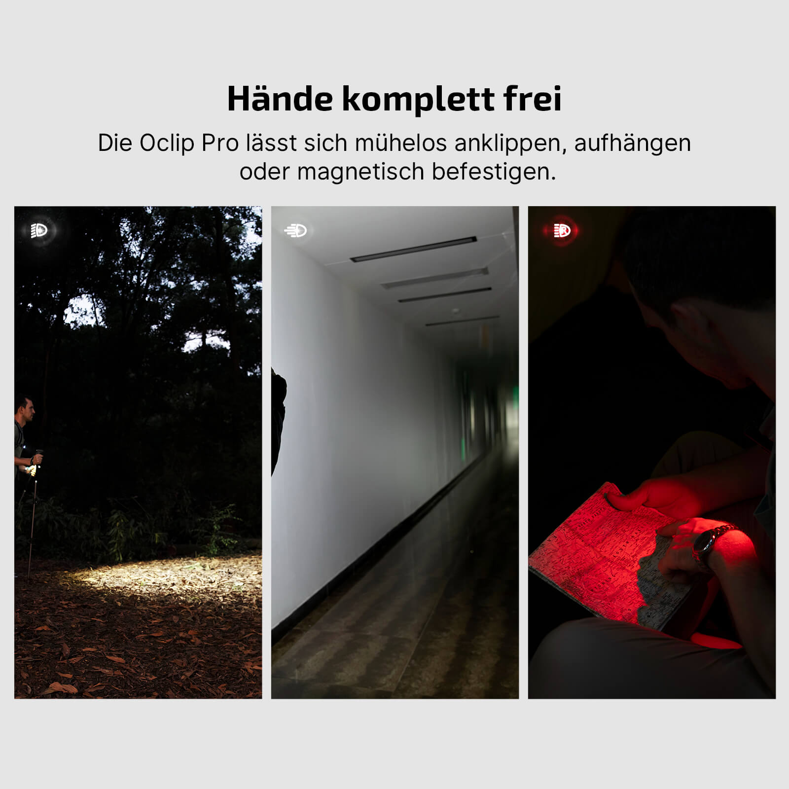 Oclip Pro in verschiedenen Alltagssituationen mit breitfl&auml;chigem Licht
