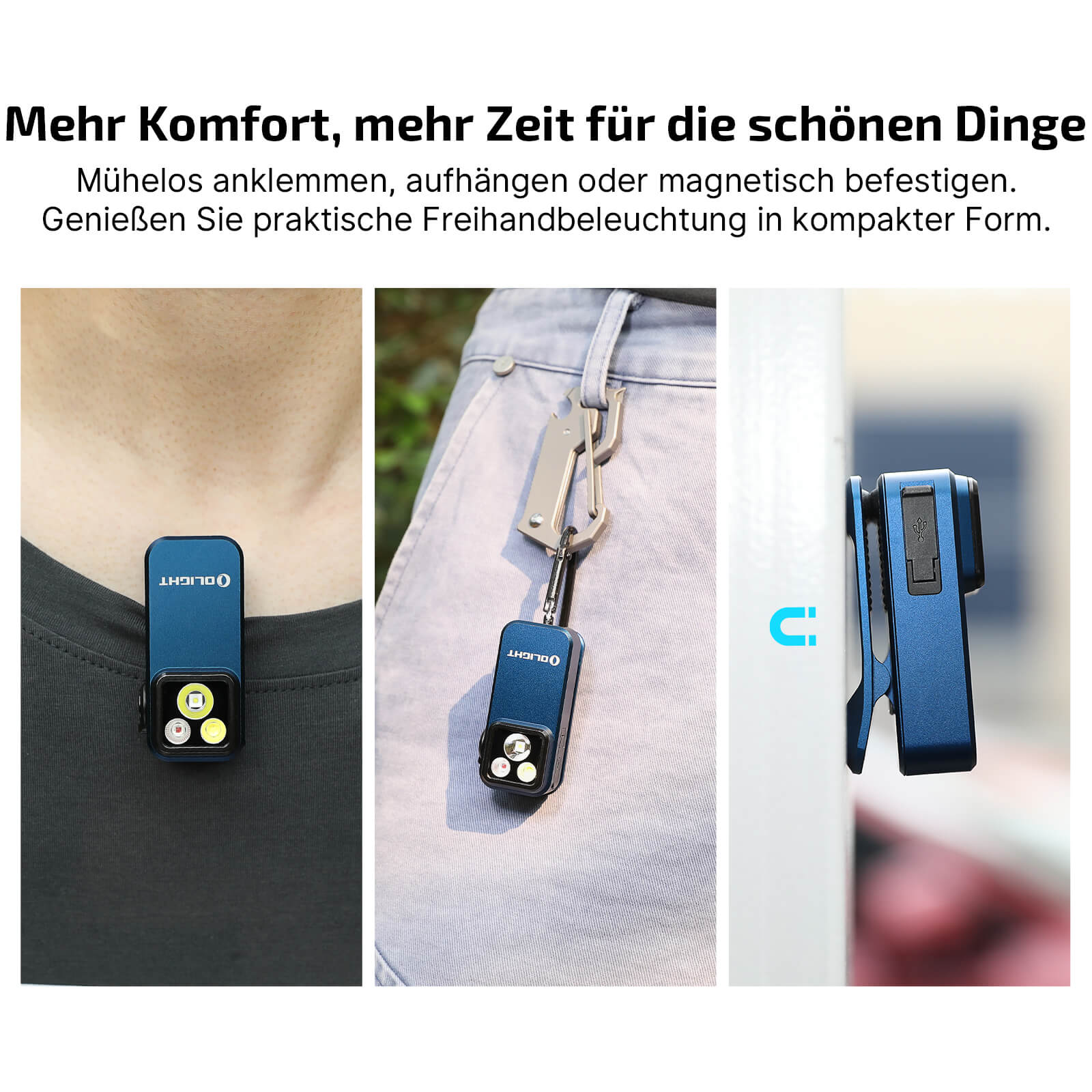 Oclip Pro in Mitternachtsblau an einem T-Shirt, h&auml;ngend an einer Schlaufe und magnetisch an Metall