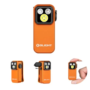 Olight Oclip Pro S in Orange, Frontansicht, eine kompakte, wiederaufladbare Arbeitsleuchte mit Clip für vielseitige Beleuchtung.