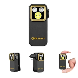 Olight schwarze Oclip Pro S Multifunktions-Arbeitsleuchte mit vergoldetem Rahmen und starkem Clip für den vielseitigen Einsatz.