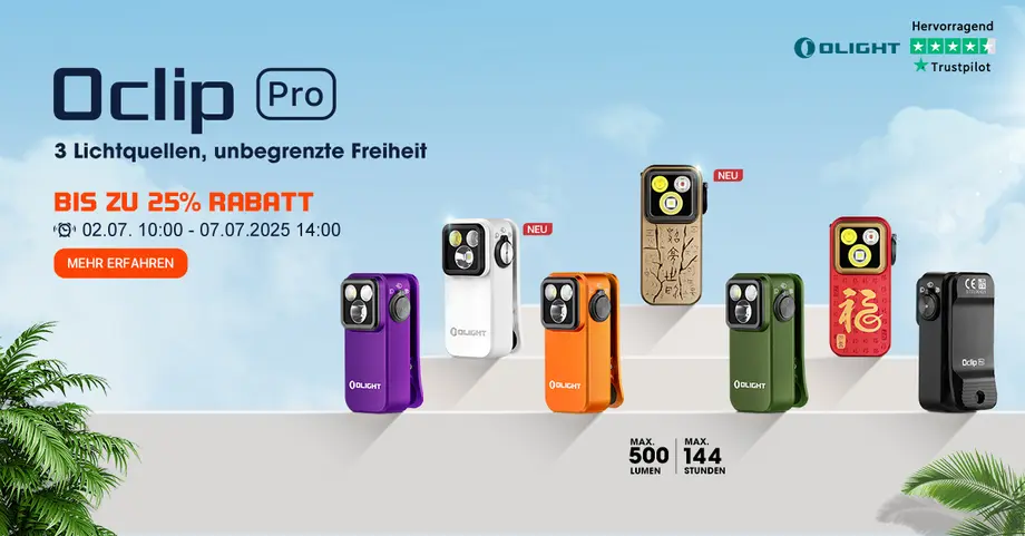 Olight Oclip Pro Taschenlampen in verschiedenen Farben mit 3 Lichtquellen, bis zu 25% Rabatt, max. 500 Lumen.
