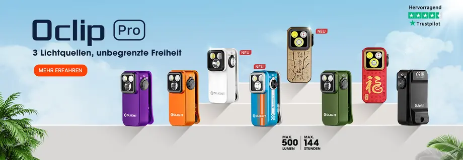 Oclip Pro: 3 Lichtquellen, unbegrenzte Freiheit. Bunte Taschenlampen, max. 500 Lumen, 144 Stunden.