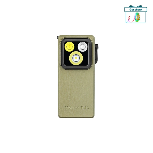 Olight Oclip Ultra, grün, Frontansicht, mit 3 Lichtquellen, ideal für den täglichen Gebrauch und als praktische EDC-Taschenlampe.