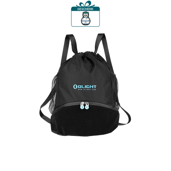 Olight Sportrucksack schwarz, Netzdetails, Kordelzugverschluss, Olight Logo, doppelte Reißverschlüsse, Mesh-Taschen