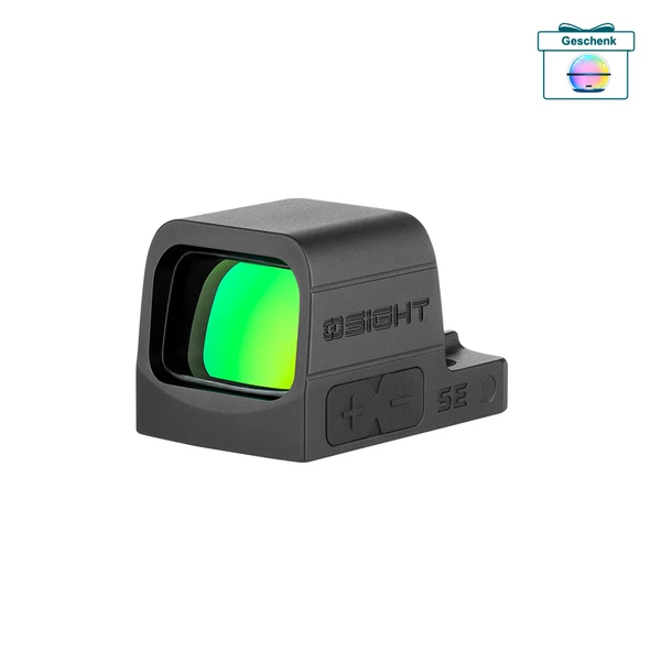 Schwarzes Olight Osight K Rotpunktvisier in der Schrägansicht mit grün reflektierender Linse für präzises Zielen