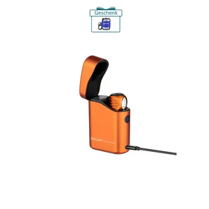 Olight Perun 3 Mini orange mit kabelloser Ladebox, USB-Ladekabel und Akkustandsanzeige für den täglichen Gebrauch