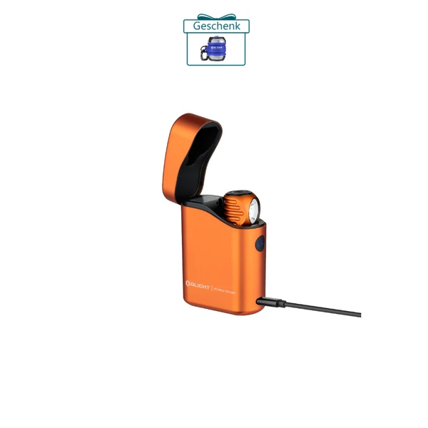 Olight Perun 3 Mini orange mit kabelloser Ladebox, USB-Ladekabel und Akkustandsanzeige für den täglichen Gebrauch