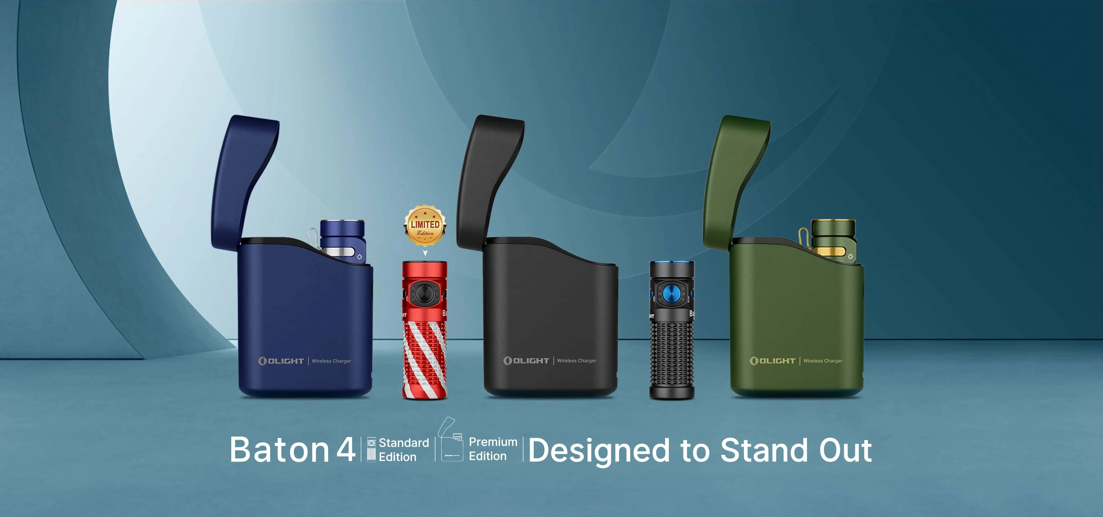 Olight Baton 4 Editionen (Standard, Premium, Limited) mit kabellosen Ladegeräten. Entwickelt, um aufzufallen.