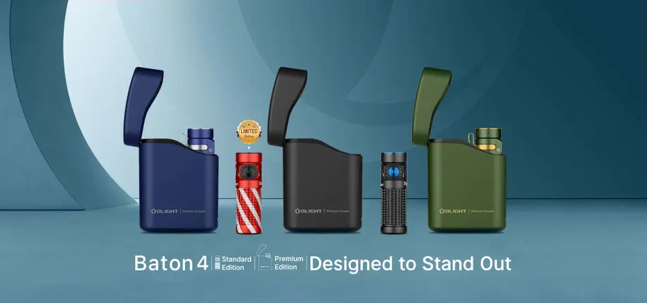 Olight Baton 4 Editionen (Standard, Premium, Limited) mit kabellosen Ladegeräten. Entwickelt, um aufzufallen.